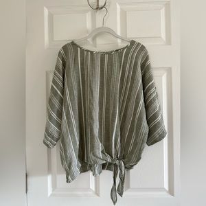 Sage striped tie front linen blouse